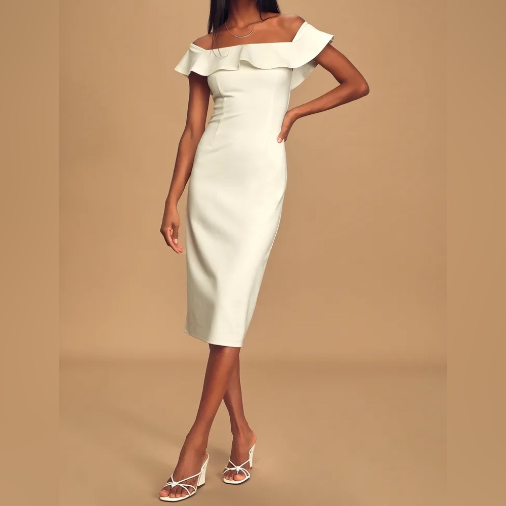 NWT Lulu’s City Nights Ivory Ruffled Off-the-Shoulder Midi Dress XS